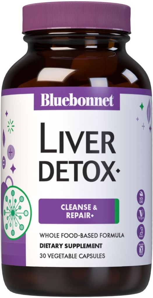Bluebonnet Nutrition Liver Detox, Liver Health*, Antioxidant Protection*, Soy-Free, Kosher Certified, Non-GMO, Dairy-Free, 30 Vegetable Capsules, 30 Servidores