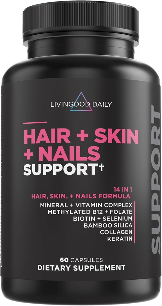Livingood Daily Hair, Skin & Nails Supplement, 14-in-1 Formula with Biotin, Collagen, Keratin, Bamboo, Selenium, Folate, B12, Zinc and More, Beauty Supplement for Women &amp; Men, Gluten Free, 60 cápsulas