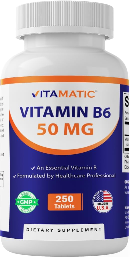 Vitamina Vitamática B6 (Pyridoxine HCI), 50 mg 250 Tabletas Vegetarianas - Promueve la producción energética, aumenta el metabolismo y el apoyo a la salud inmune