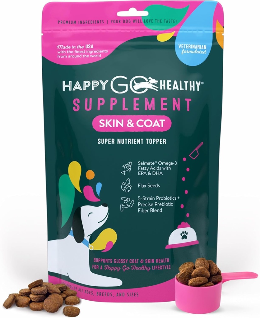 Skin &amp; Coat Supplements for Dogs ← Dog Itching Skin Relief " Promotes Shiny Skin Coat for Dogs ← Rich in Omega 3 All-Natural Ingredients Tasty Kibble Dog Food Topper 60 Count Pack