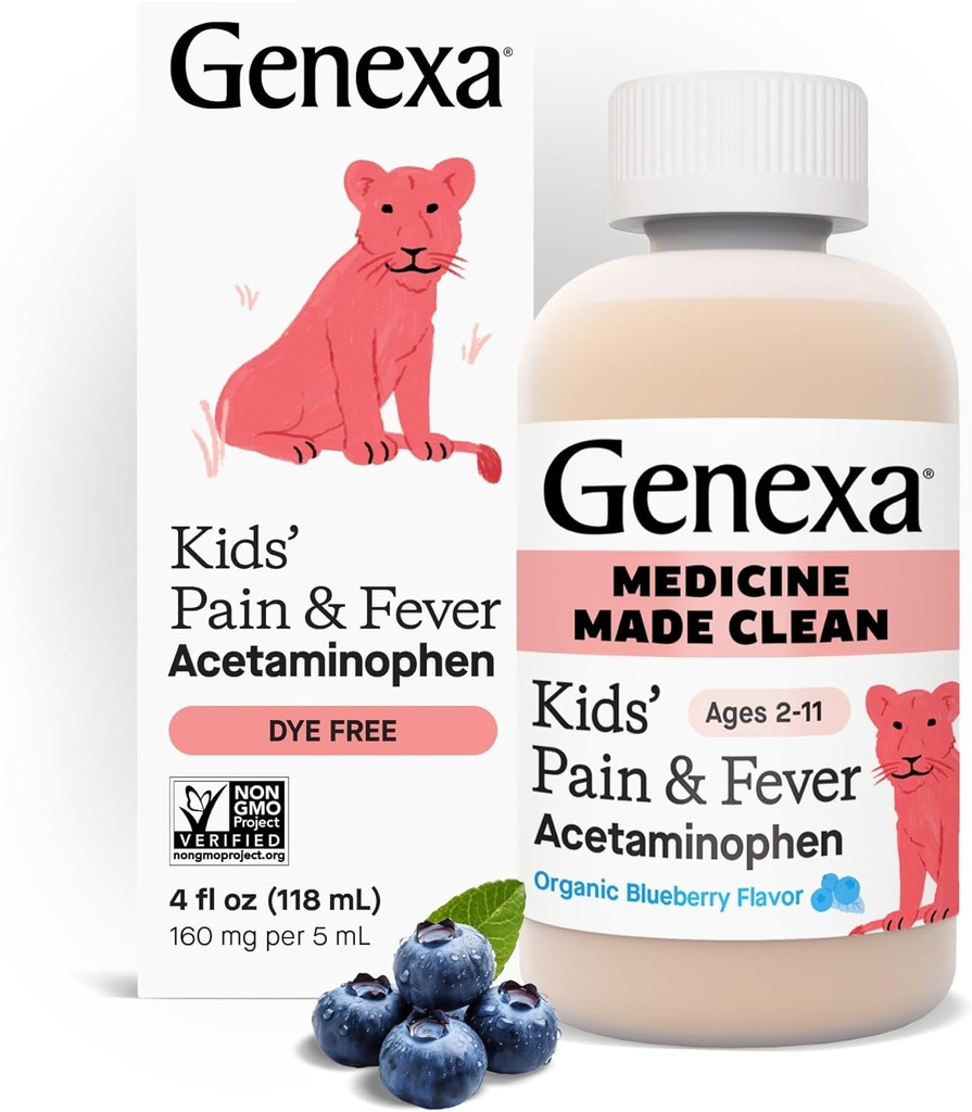 Genexa Acetaminofén limpio para niños ← Ingredientes preferidos por pediatra tóxico Dolor " Fever Reductor para niños TENIDO Dye Gratis, 0% Aditivos artificiales TENIDO Edades 2-11, Delicious Organic Blueberry Liquid, 4 fl oz