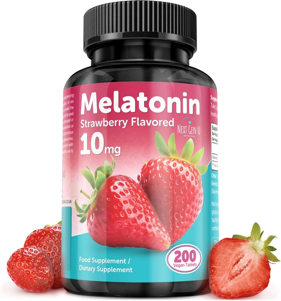 Melatonina Tabletas - 10 mg Suplemento dietético - Flavorado de fresa - 200 tabletas Vegan - por NextGenU