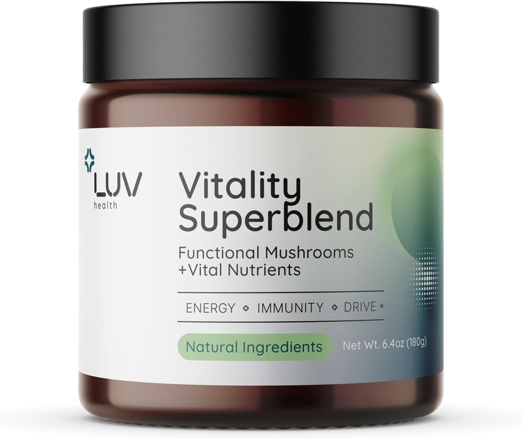 LUV salud Vitalidad Superblend: Suplemento de setas - Superfood Powder con Cacao, Lion's Mane, Cordyceps, Reishi, Green Tea y Turmeric – Energía, Focus &amp; Daily Wellness Support Vegan, 30 Servimientos