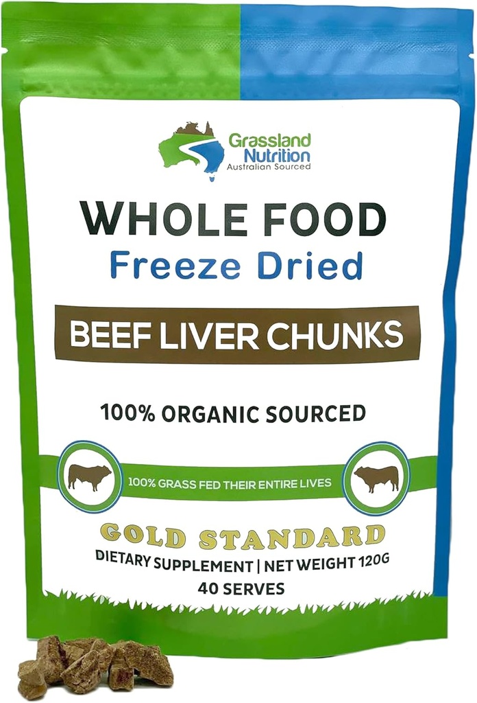 GRASSLAND NUTRITION Organic Liver Freeze Dried Chunks — High in Natural Iron, Vitamina A, B12 for Energy (120g)