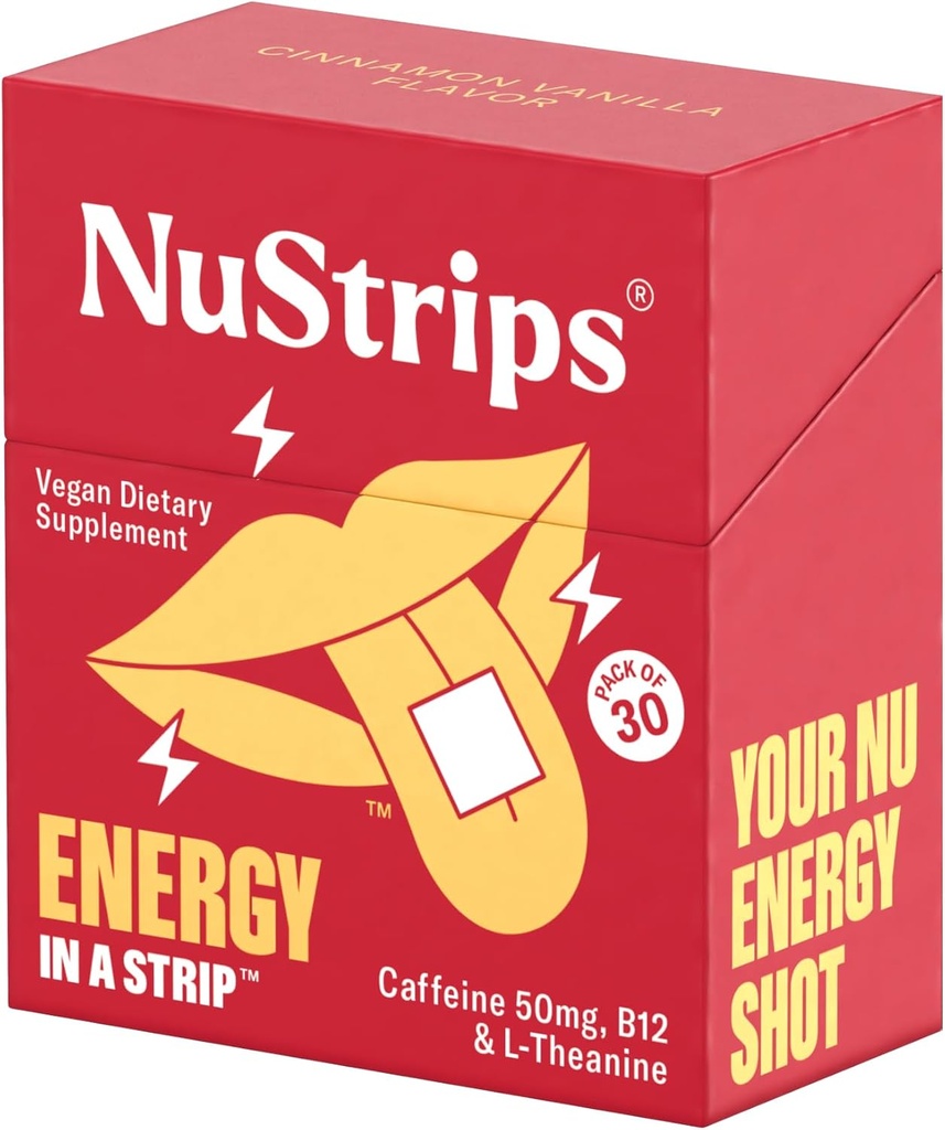 NuStripsTM Fast-Dissolving Energy Strips with 50mg Caffeine, L-Theanine & Vitamin B12 – Instant Energy & Focus Without Jitters or Crash – Works Faster Than Coffee – Soothing Cinnamon (30 Pack)