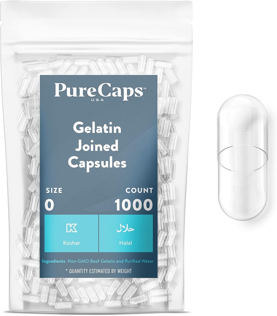 PureCaps USA - Empty Gelatin Capsules Talla 0 sometida 1,000 Únete a Pills   Clear Anterior Non-GMO Certified durable SLS, Gluten, Preservative Free