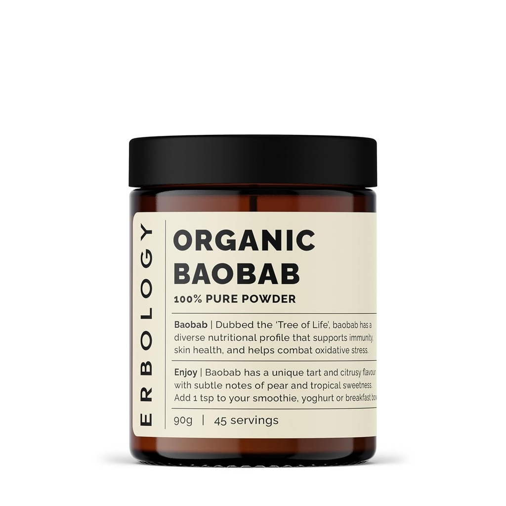 Erbology Organic Baobab Powder 3.2 oz - 45 Servings - Skin Health and Immunity Support - Rich in Vitamin C, B Vitamins and Polyphenols - Sustentably Sourced Straight from Farm - Vegan - GMO-Free