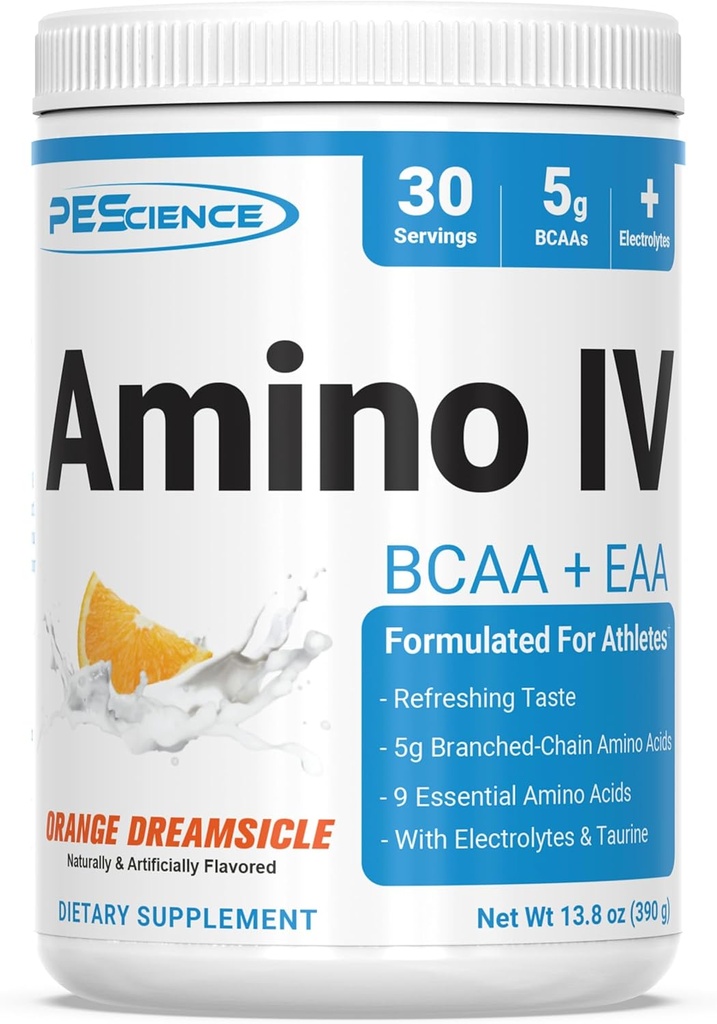 PEScience Amino IV BCAA & EAA Powder, Essential Amino Acids, Taurine, Electrolytes for Hydration and Muscle Recovery, Sugar Free for Men & Women, Post Workout - Orange Dreamsicle - 30 Servings