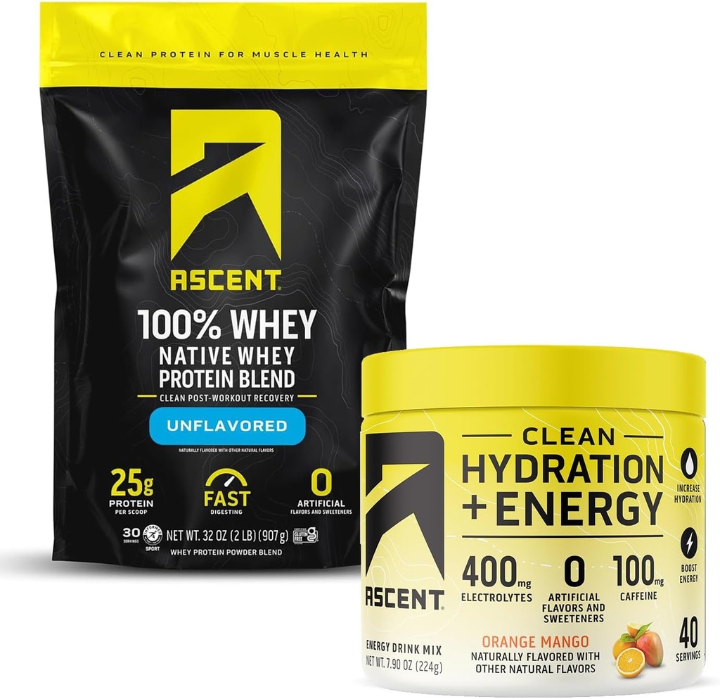 Ascenso 100% Whey Protein Powder, Desarrollado 2 lb & hidratación + electrolitos de energía, Naranja Mango 40 Servimientos