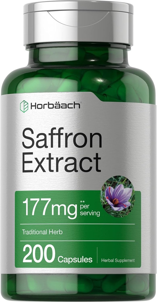 Horbäach Saffron Extracto Suplemento TEN 177 mg TENIDO 200 cápsulas TENIDO Píldoras para hombres y mujeres TENIDO NO GMO, Gluten Gratis