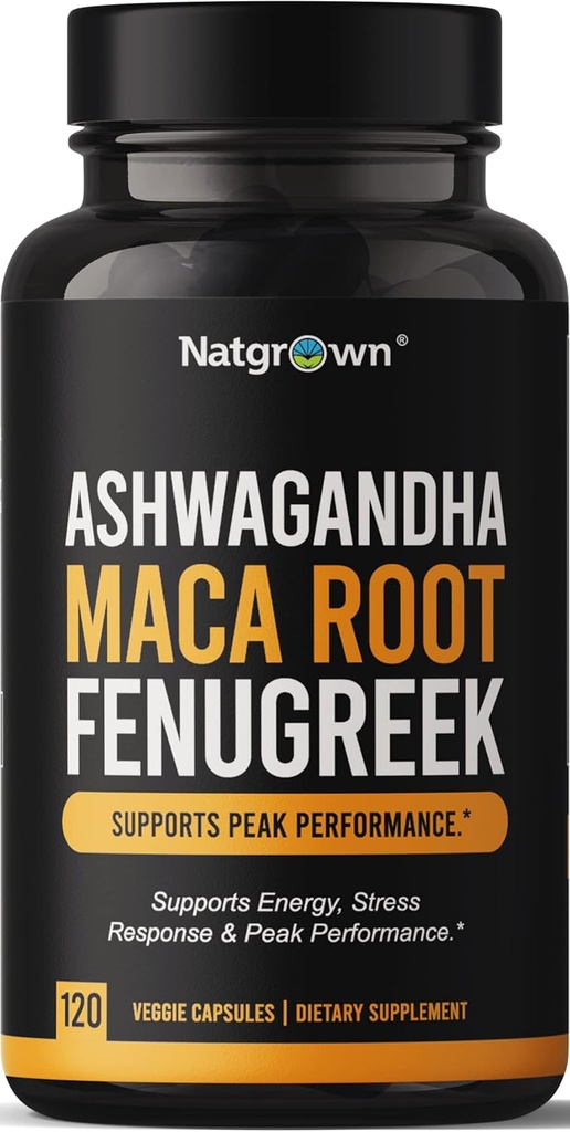 Natgrown Ashwagandha Maca Root Fenugreek Extract Capsules Suplemento para Hombres &amp; Mujeres - Píldoras Veganas - (120 Conde)
