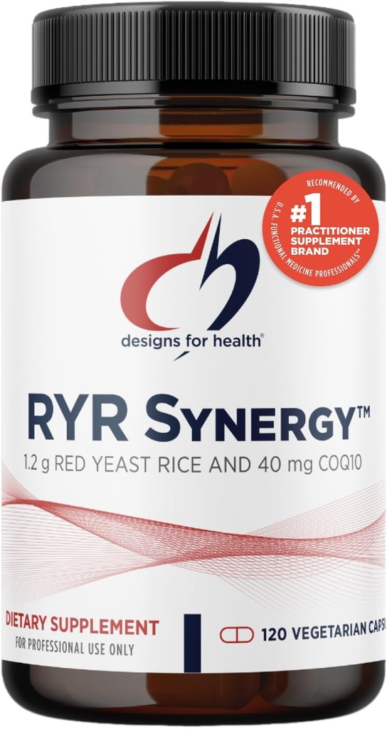 Diseños para la Sinergía RYR Salud - Suplemento de arroz de levadura roja - 1200 mg de arroz de levadura roja + CoQ10 para apoyar la salud cardiovascular + mantenimiento de niveles de la lupa en rango normal (120 cápsulas)