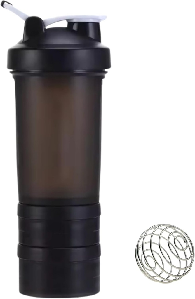 Botella Protein Shaker con Compartimientos de Almacenamiento ← Pre-Workout, Protein, Suplementos Silencio 16.9 oz (500 ml) [Black]