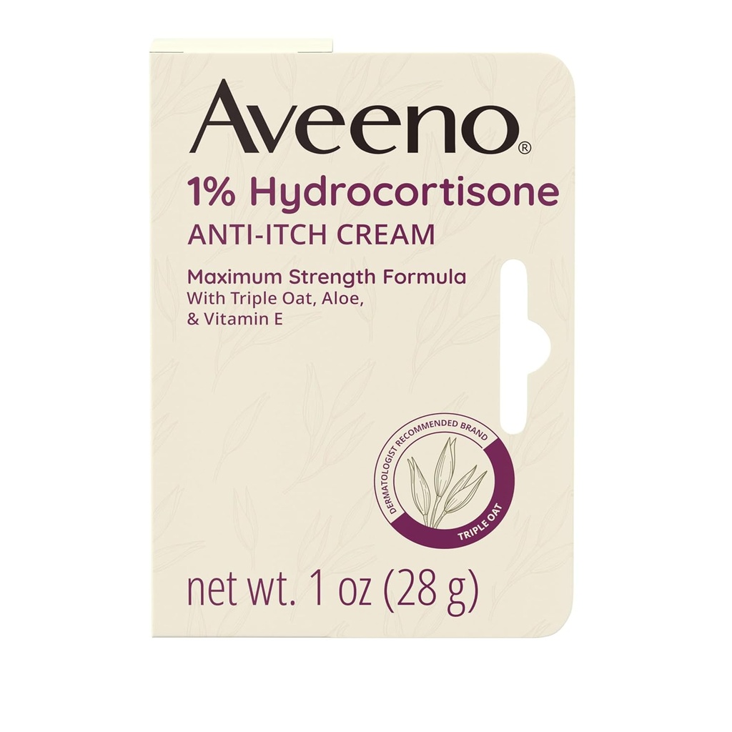 Aveeno Maximum Strength 1% Hydrocortisone Anti-Itch Cream, Aloe & Vitamin E For Itch Relief From Eczema, Psoriasis, Insect Bites, Poison Ivy, Oak " Sumac " Detergents, 1 oz