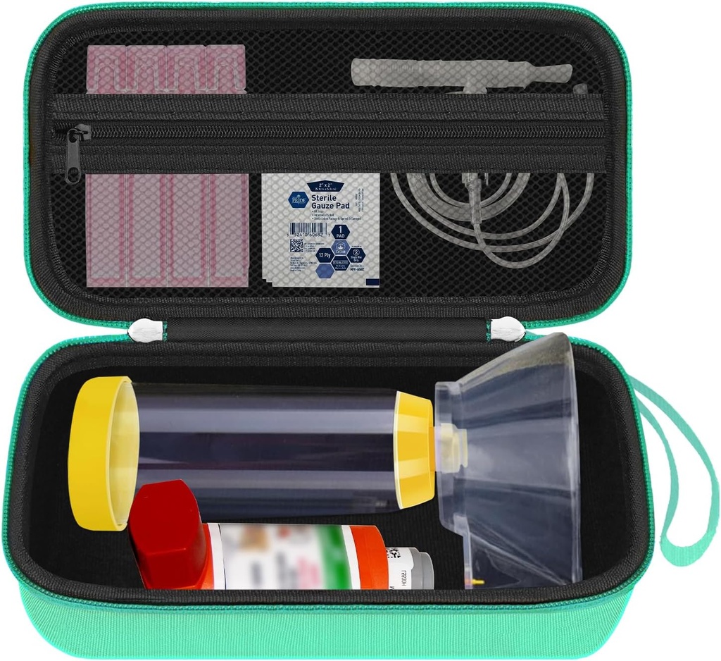 Caso de viaje duro para inhalador de asma, inhalador caso espaciador para niños y adultos, máscaras, accesorios de asma con bolsillo de malla para la medicina y otros accesorios, verde (CASE SOLAMENTE)