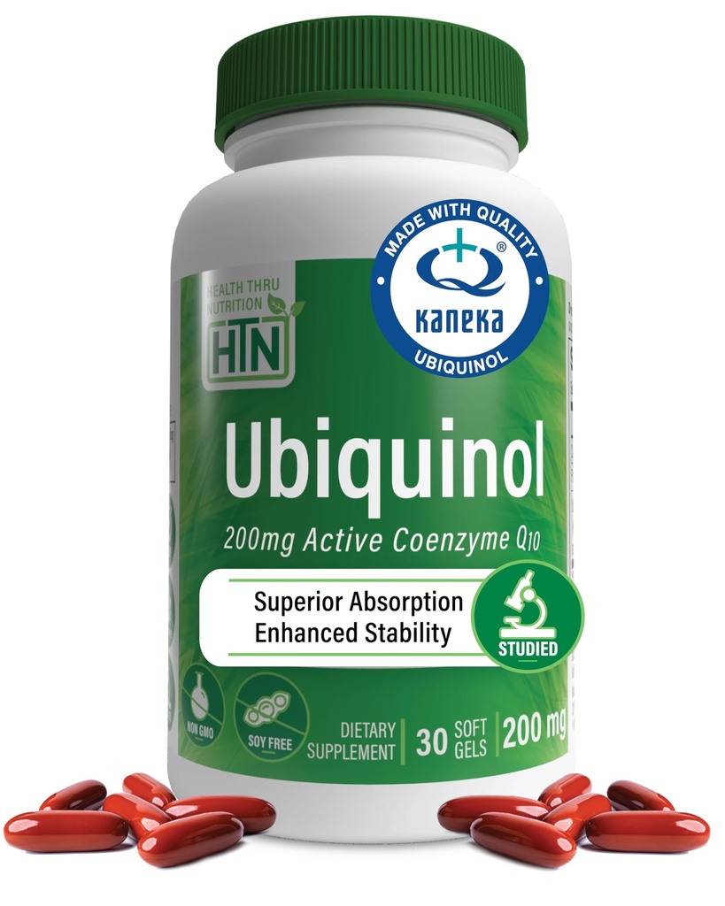 Health Thru Nutrition Ubiquinol 200mg 30 Softgels as Kaneka QH Reduced CoQ-10 TEN Stabilized - 3rd Party Tested ¦ Enhanced Bioavailability ← Cardiovascular &amp; Mitocondria Function Support ← Non-GMO