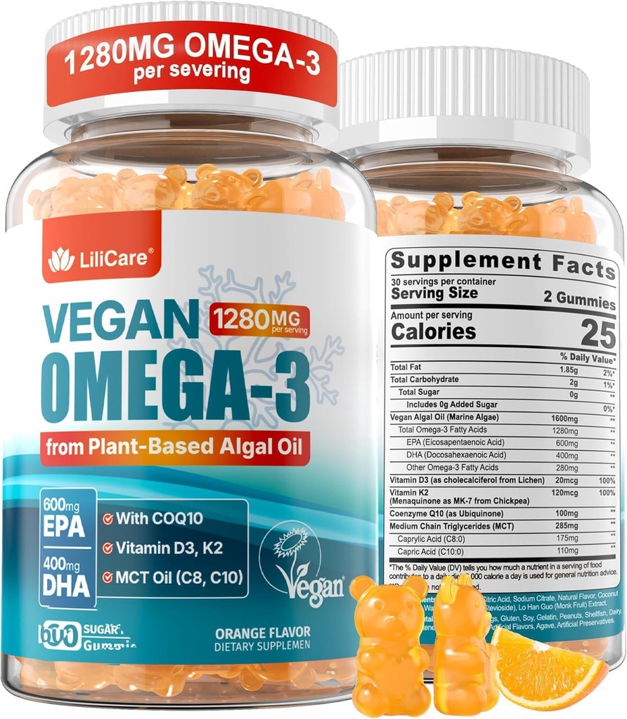 Vegan Omega-3 Gummies 1280mg + COQ10 + Vitamina D3 K2 (MK7), Omega 3 Fish Oil Alternative for Adults w/EPA 600mg DHA 400mg &amp; MCT Aceite, No Fish Taste de Marine Algae, para Cerebro, Ojo, Inmunity, 1 Pack