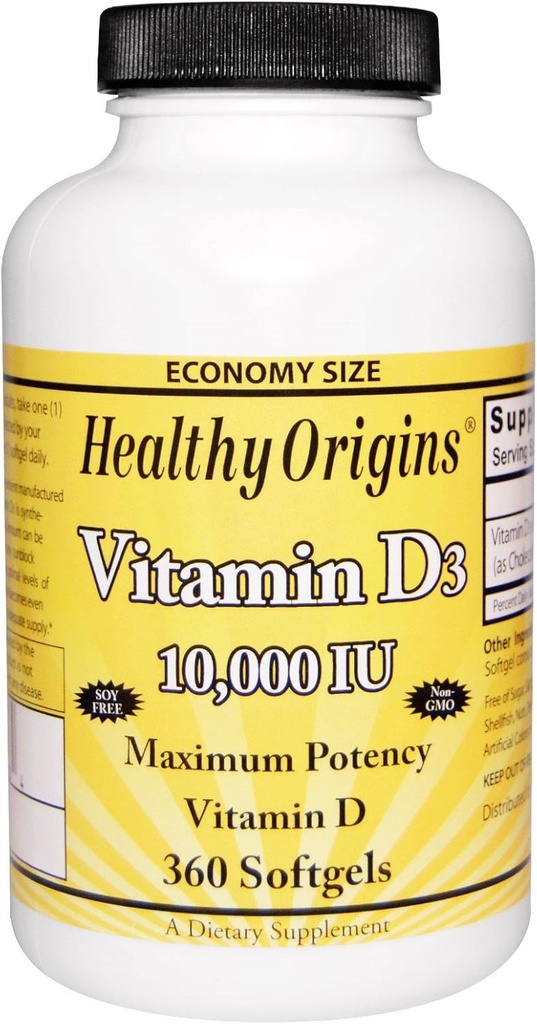 Orígenes saludables Vitamina D3 Potencia máxima 10,000IU 360 Softgels, Total de 2 paquetes