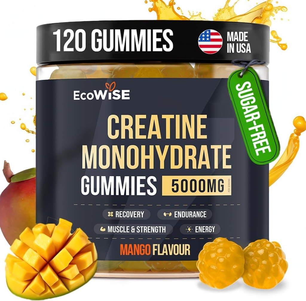 EcoWise Wellness Creatine Monohydrate Gummies 5000 mg, Mango Flavor, 120 Vacas Veganas Libres de Azúcar, Suplemento Creatina para la rutina diaria