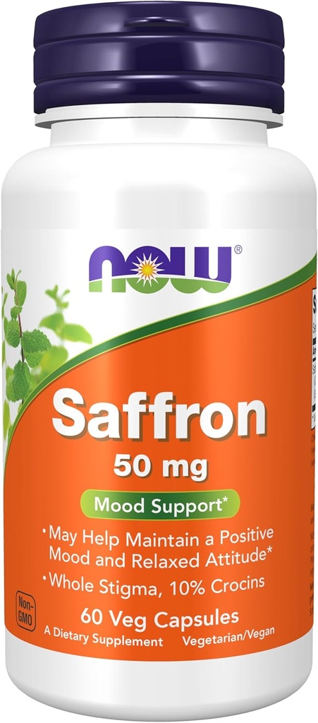 AHORA Suplementos Alimentarios, Saffron Whole Herb 50 mg con 10% Crocins, 60 cápsulas Veg con celulosa microcristalina, hipromelosa (capsula de celulosa), ácido esteárico (fuente vegetal) y dióxido de silicio