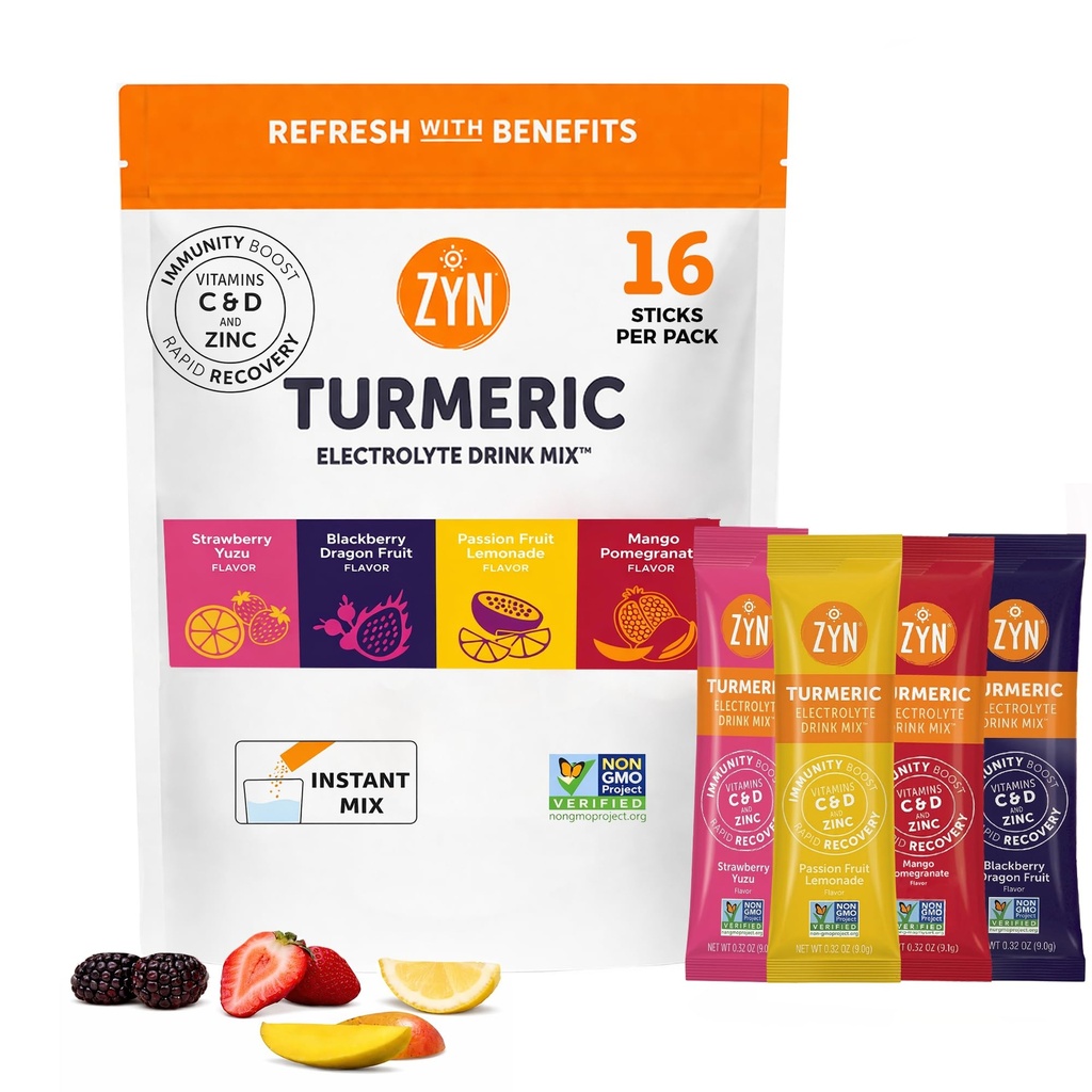 ZYN Electrolyte Drink Mix Hydration Packets, Electrolytes Powder, Hydration Packets w/Turmeric Curcumin, Vitamina C y D, Zinc, Hydrate Electrolyte Powder Packets for Wellness, Variety Pack of 16