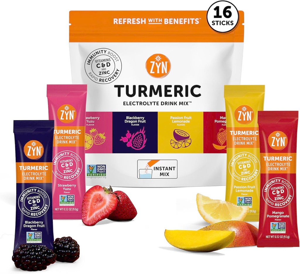 ZYN Electrolyte Drink Mix Hydration Packets, Electrolytes Powder, Hydration Packets w/Turmeric Curcumin, Vitamina C y D, Zinc, Hydrate Electrolyte Powder Packets for Wellness, Variety Pack of 16
