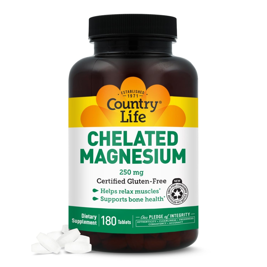 Country Life Magnesium Chelated 250mg - Soporta Corazón, Bone & Muscle Health, Vegan-Friendly Magnesium Supplement with Magnesium Oxide and Amino Acid Chelate, Gluten-Free