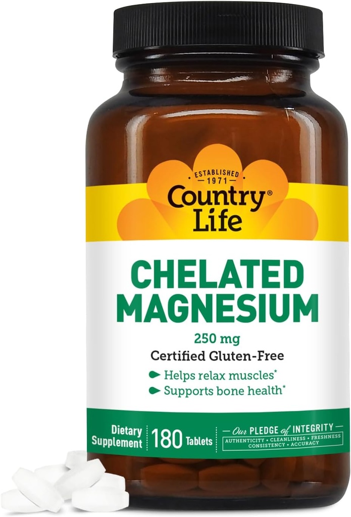 Country Life Magnesium Chelated 250mg - Soporta Corazón, Bone & Muscle Health, Vegan-Friendly Magnesium Supplement with Magnesium Oxide and Amino Acid Chelate, Gluten-Free