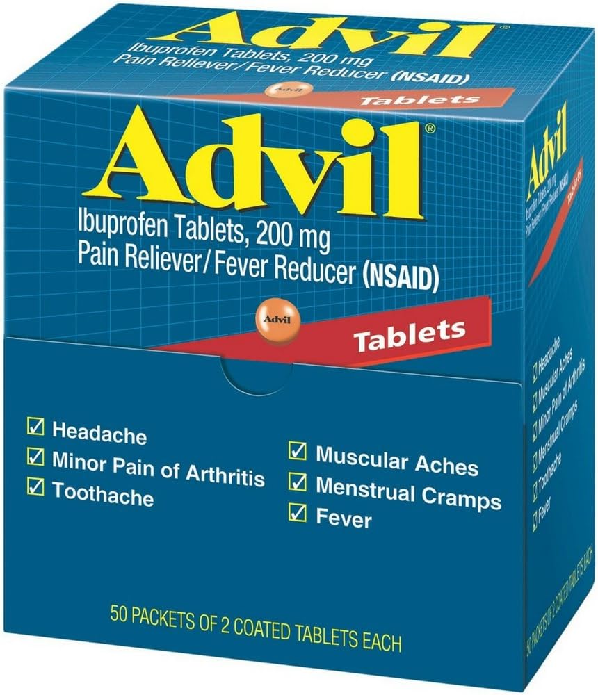 Ibuprofeno Advil, 200mg, 50 Packets de 2 Tabletas Coated (Pack of 4)