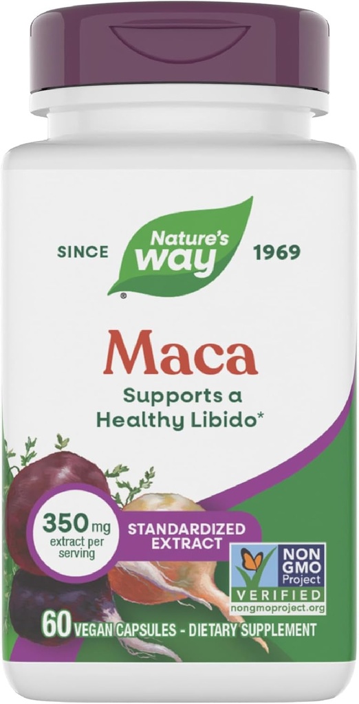 Manera de la naturaleza Maca Standardized Extract, soporta un Libido saludable*, estandarizado a 0,6% Glucosinolatos, Proyecto No OGM Verificado, 60 cápsulas Vegan (paquete mayo Vary)