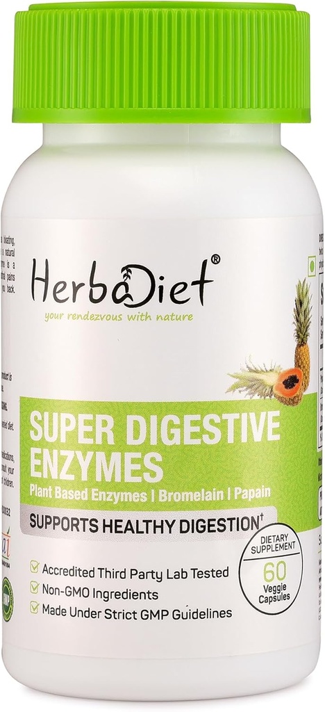 Herbadiet Digestive Enzyme Supplements | Bromelain & Papain Extract 500mg Capsules | Proteolytic Enzymes with Lipase Lactase Amylase (60 Capsules)