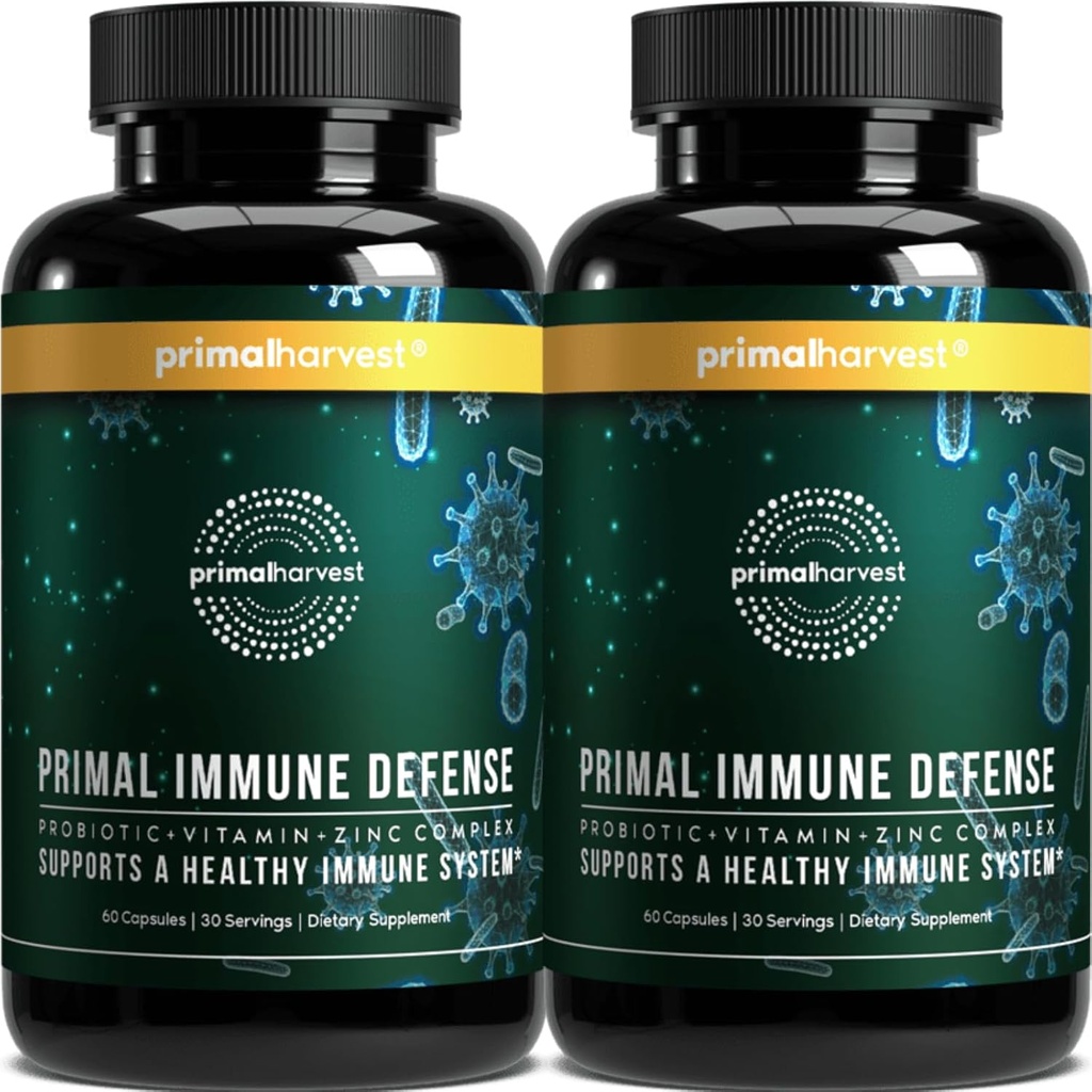 Primal Harvest Primal Immune Defense: 10-in-1 Immune Support with Probiotics, Zinc, Vitamins C, B6, D3 & K2, Immune Booster for Adults 60 Capsules (2-Pack)