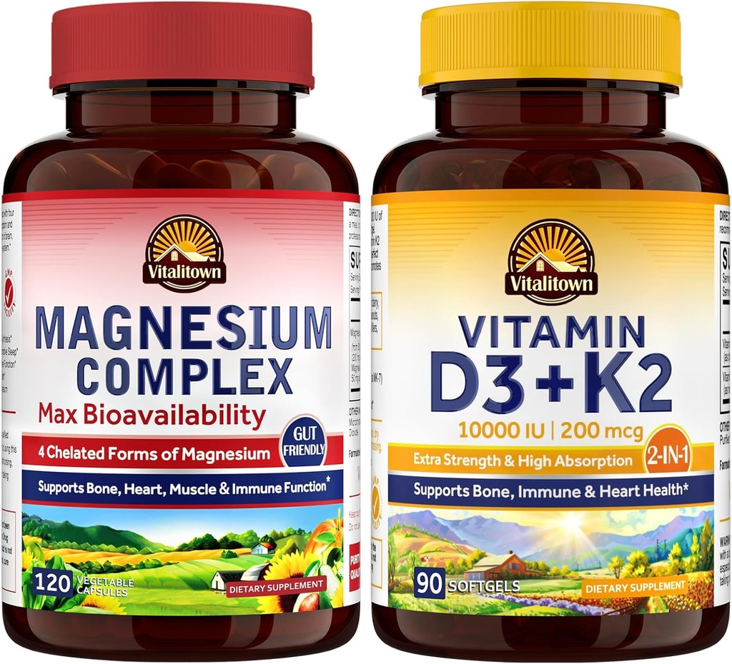 Complejo de Magnesio de Vitalitown &amp; Vitamina D3 K2 Bundle (Pack of 2) Silencio para el corazón de Bone Immune &amp; Muscle