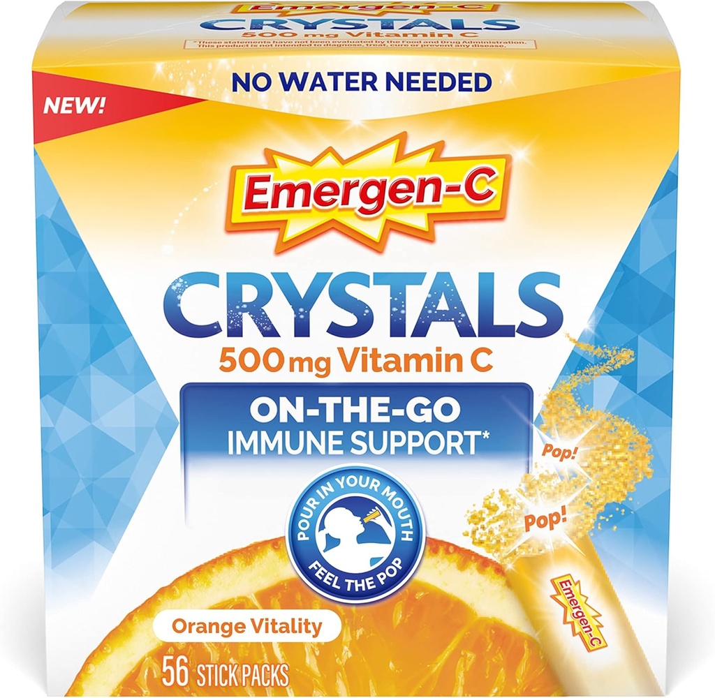Emergen-C Crystals, On-the-Go Emergen-C Immune Support Supplement with Vitamin C, B Vitamins, Zinc y Manganese, Orange Vitality - 56 Stick Packs