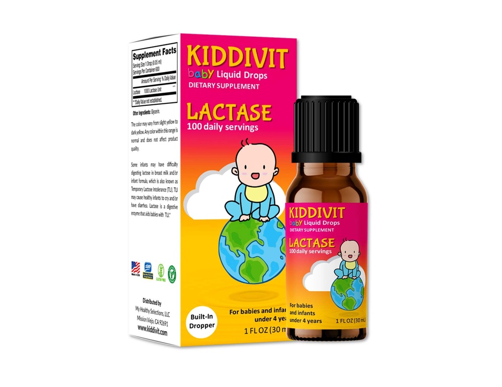 Kiddivit Baby Lactase Drops 1000 Units – Gentle Digestive Support Enzyme Supplement – 100 Daily Servings – Built-In Dropper, Glass Bottle – Gluten Free, Vegetarian, 1oz