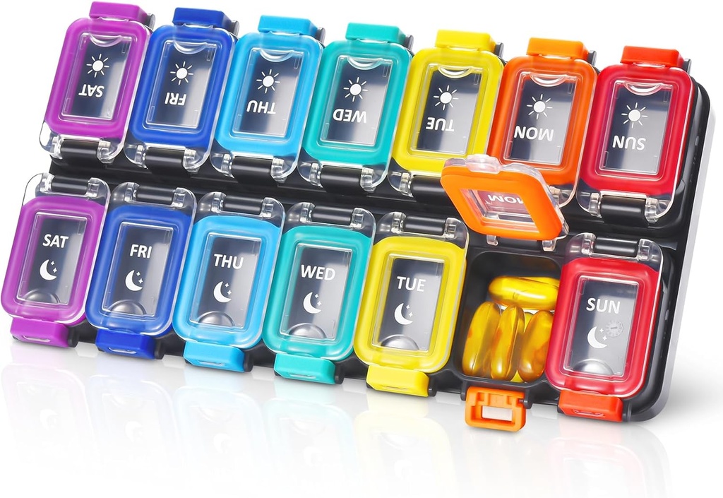 Fullicon Moisture Proof Pill Organizer 2 veces al día, Gran caja de 7 días, Spill Proof Case, Travel Container, Medicine Organizer With Secure Lids (Rainbow Black)