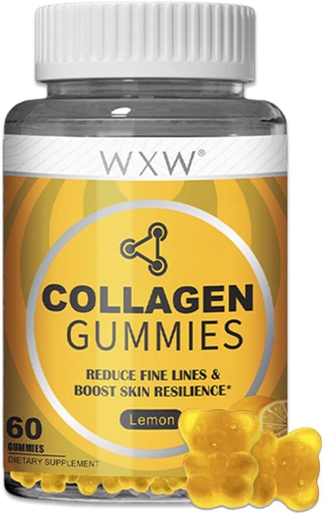 WXW Hidrolyzed Collagen Peptides Gummies for Women, Non-GMO Anti-Aging Fórmula con Biotin, Zinc, Vitaminas C &amp; E para el cabello, la piel y las uñas latitud 60ct,Lemon Flavor