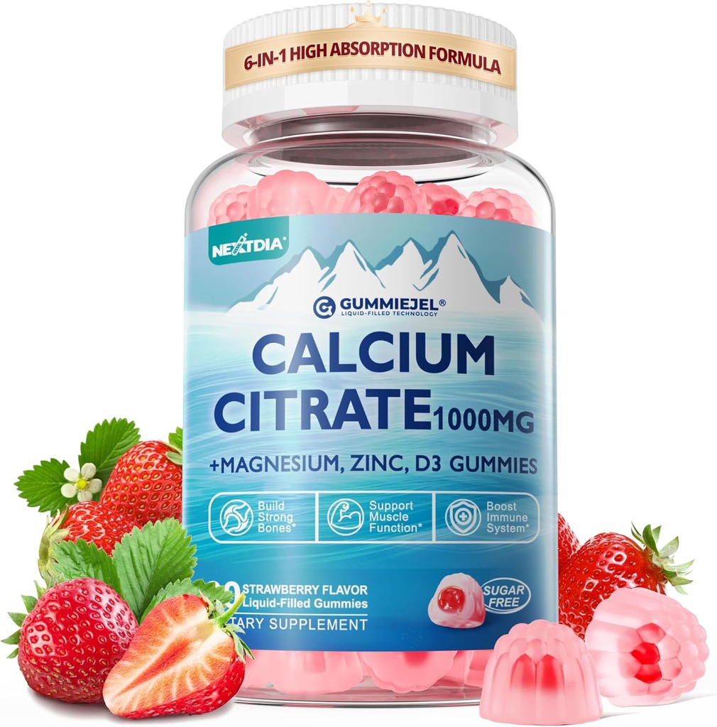 Calcio Citrate Suplemento 1000mg para Hombres, 6-en-1 Calcio Magnesio Zinc Gummies + Vitamina D3, B6 &amp; Potasio Alta Absorción para Huesos, Dientes, Muscle &amp; Nerve Health, Vegan, Sugar Gratis,60Cts