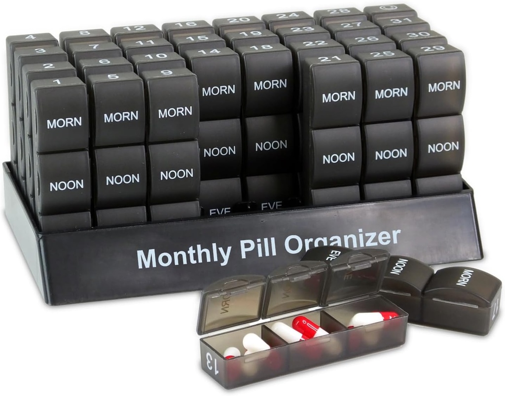Deke Home - Organizador mensual de píldoras 3 veces al día, caja de 30 días con PM Compartimientos, gran organizador de medicina mensual para vitaminas, suplementos y medicamentos, caja de carga de viaje amigable, BPA Gratis
