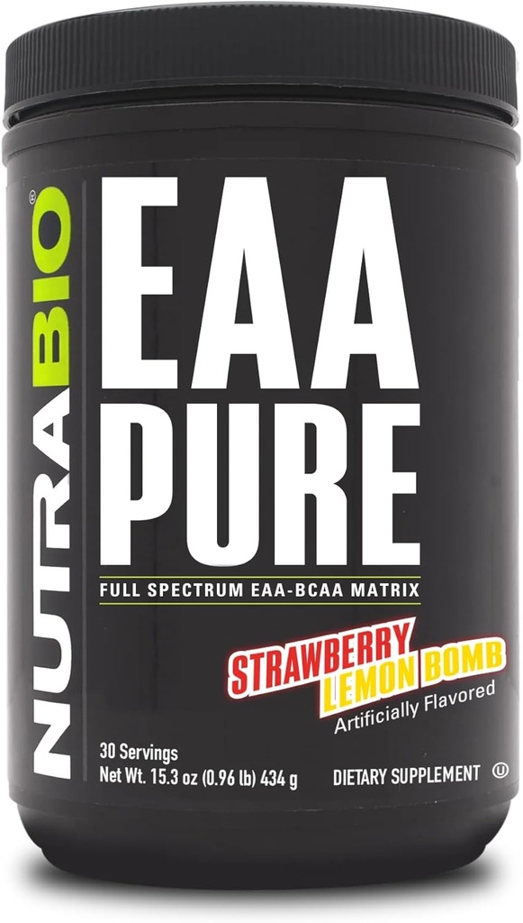 NutraBio – EAA Puro – 9 Aminoácidos – Reparación y recuperación muscular, 30 Servimientos, Bomba de limón de fresa – Pre o Post Workout – Recuperación de todo el día
