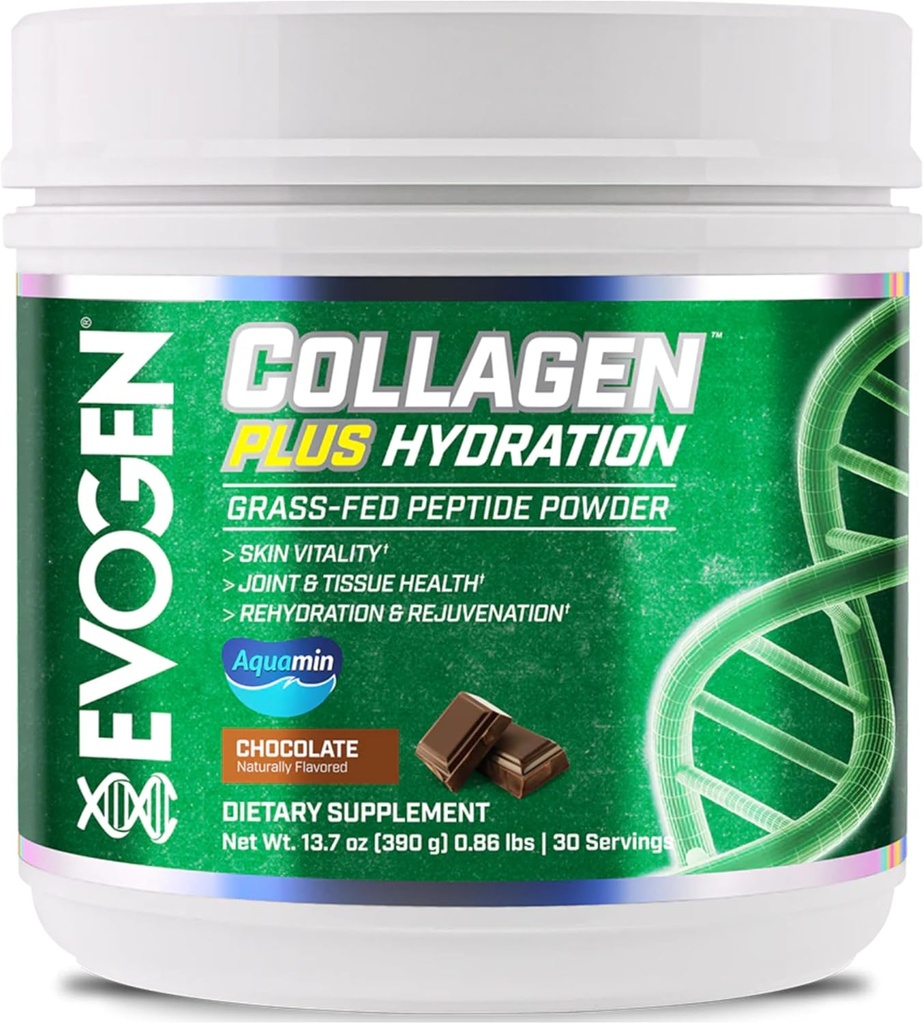 Evogen Collagen Plus Hydration - Grass-Fed Collagen for Women & Men | Collagen Peptides Powder | Collagen Powder Supporting Skin Vitality, Hydration, Joint & Tissue Health | Chocolate | 30 Servings