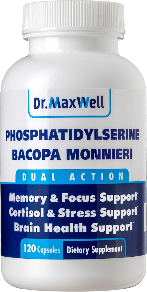 Phosphatidylserine " Bacopa Monnieri, mejor que cada uno solo. Phosphatidylserine Suplemento 300mg, No Fillers, Soy Gratis, 2in1, 120 cápsulas. Apoyo a la memoria