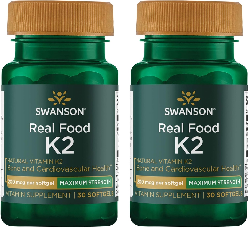 Swanson Maximum Strength Vitamin K2 (Menaquinone-7)-Vitamin Supplement Supporting Cardiovascular and Bone Health-Made from Japanese Natto to Help Regulate Calcium (30 Softgels, 200mcg Cada) (2 Pack)