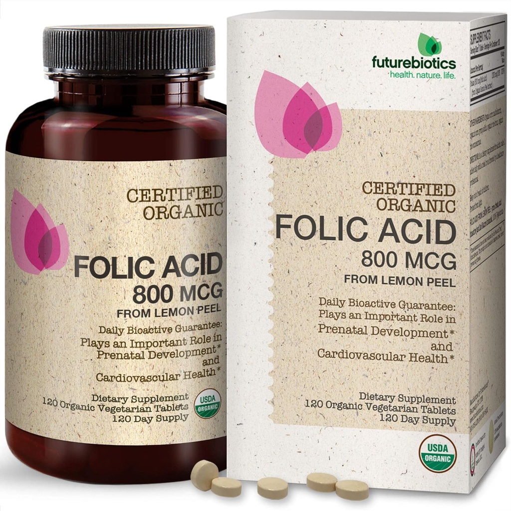 Futurobióticos ácido fólico 800mcg de cáscara de limón orgánico USDA certificado orgánico, 120 tabletas vegetarianas