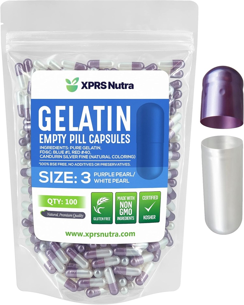XPRS Nutra Size 3 Empty Capsules - 100 Conde Empty Gelatin Capsules - Pills DIY Capsule Filling - Pure Bovine Pill Gel Caps for Do-It-youself Supplements (Pearl Purple/White)