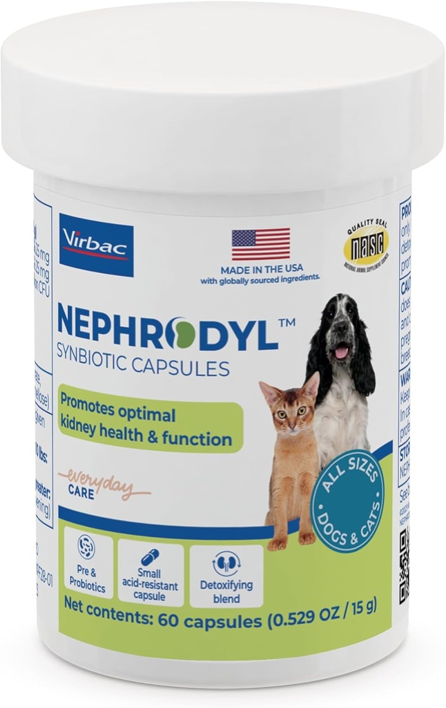 Cápsulas sinbióticas NEPHRODYL - Suplemento de Apoyo al Riñón para perros Cats &, Probióticos " Prebióticos para la Salud Digestiva, Cápsulas pequeñas " fáciles de cambiar, hechos en los EE.UU.- 60 Ct