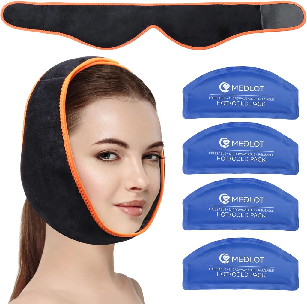 Tejido de hielo facial para TMJ, Dientes de Sabiduría, con 4 Reutilizables Hot Cold Therapy Gel Packs, Alivio de dolor para Chin, Cabeza, Jaw, Oral y Cirugía Facial, Implantes dentales