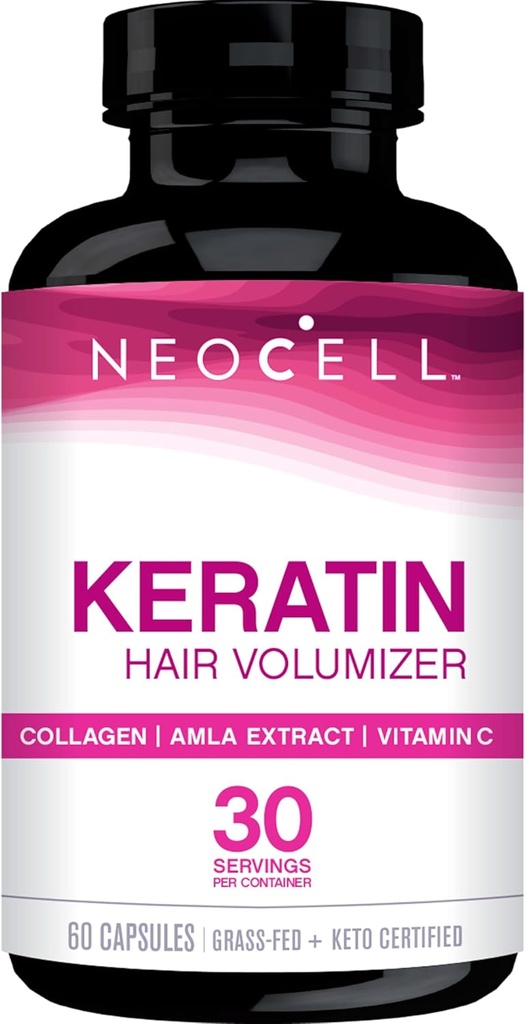 Volumizador de pelo de queratina NeoCell con colágeno, extracto de amla y vitamina C, suplemento de pelo y piel, cápsula, 60 cuenta, 1 botella
