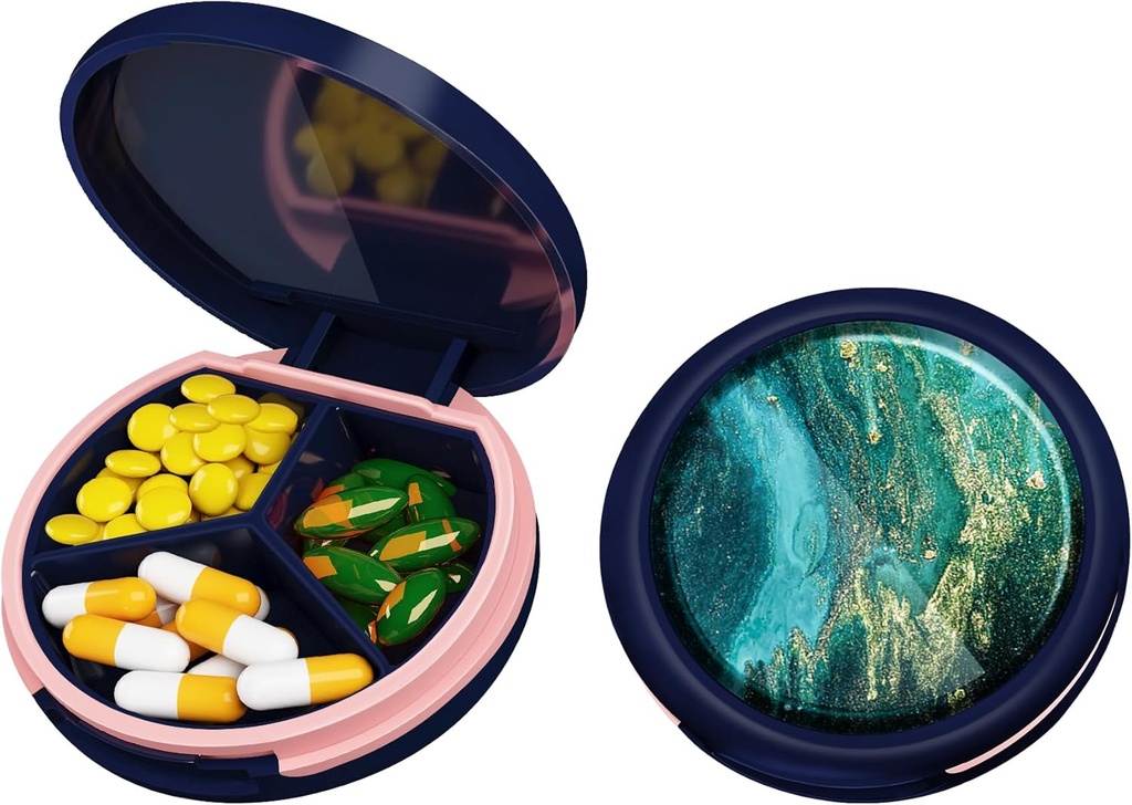 Serfeymi Small Pill Box - 3 Compartimientos Caja de Píldora Portátil para Bolsillo de Píldora de Píldora Compacta - Adecuado para Medicina, Vitamina, Petróleo de Pesca, Suplementos - Azul Oscuro (Tida Esmeralda)