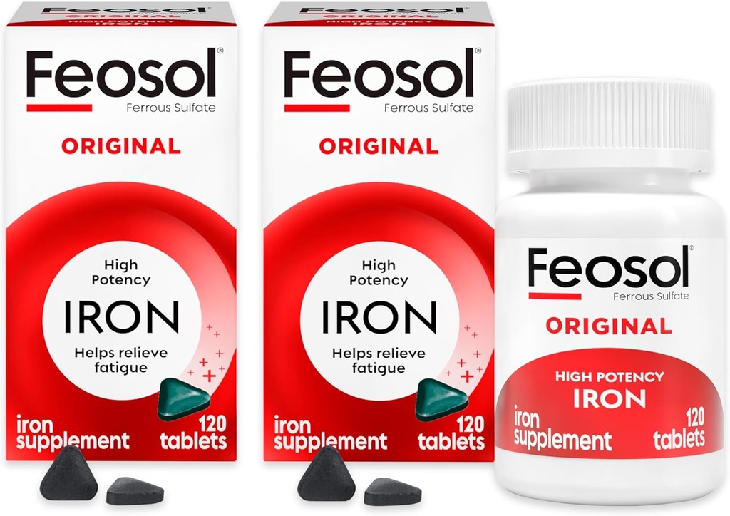 Feosol Original Iron Supplement Tablets,No-heme 325mg Ferrous Sulfate (65mg Elemental Iron) per Pill, 1 Por día, 4 Month Supply, for Energy and Immune System Support (120 ct Pack of 2)